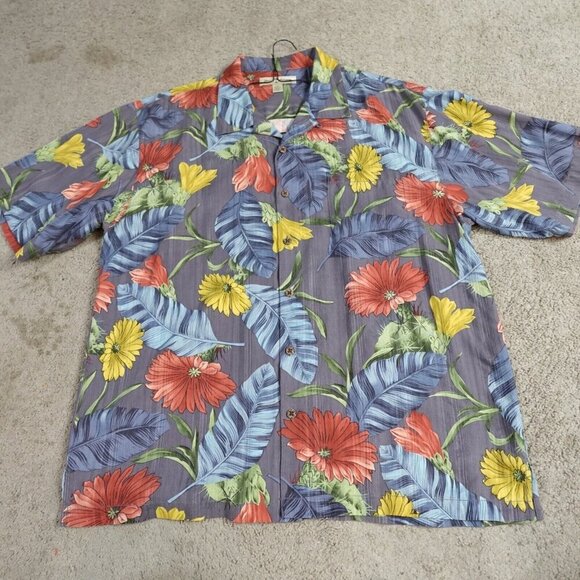 Tommy Bahama Mens Shirt XL Gray Floral Print Jacquard Silk Loop Collar - Picture 2 of 8